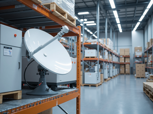 现代化卫星通信设备展示，多种卫星通信设备整齐排列，技术人员正在操作设备，高科技感强的室内环境