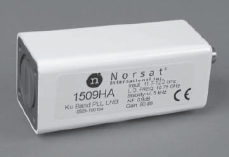 LNB低噪声放大器设备，圆柱形外观，金属质感，专业卫星接收设备，精密制造工艺