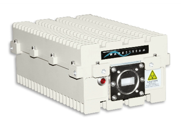 卫星功放设备特写，黑色金属外壳，多个接口和指示灯，专业通信设备外观，工业级设计风格